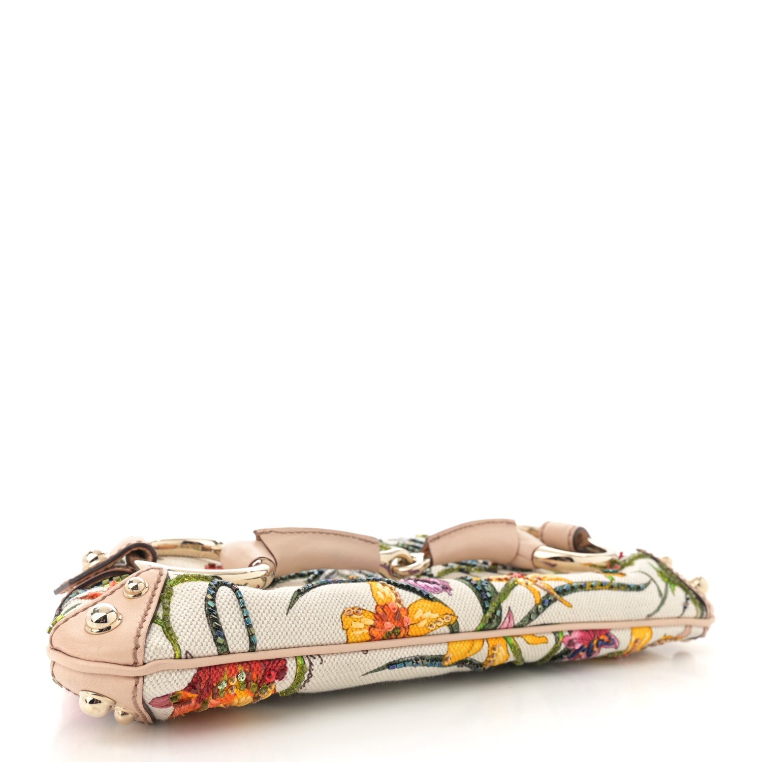 Canvas Flora Floral Beaded Small Horsebit Chain Clutch White Multicolor