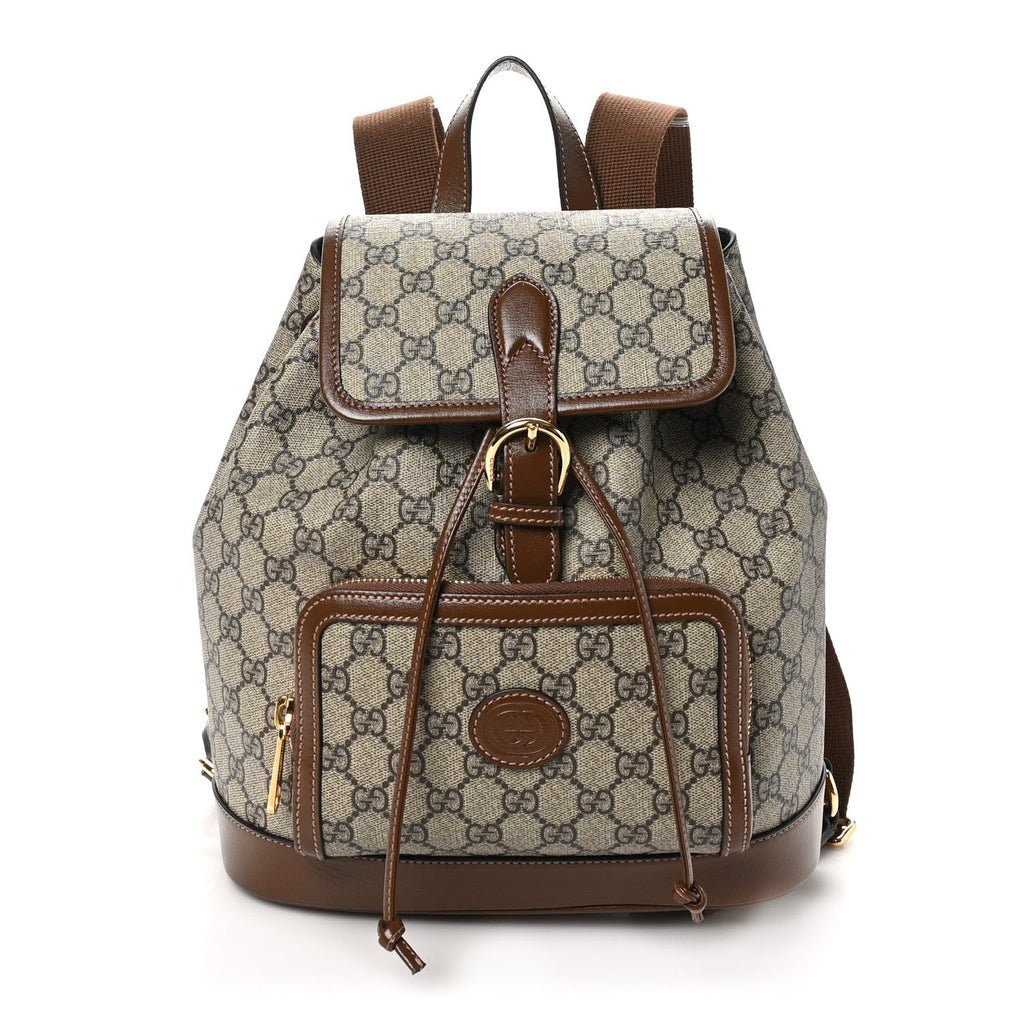 GG Supreme Monogram Azalea Calfskin Retro Interlocking G Buckle Backpack Beige Ebony Brown Sugar