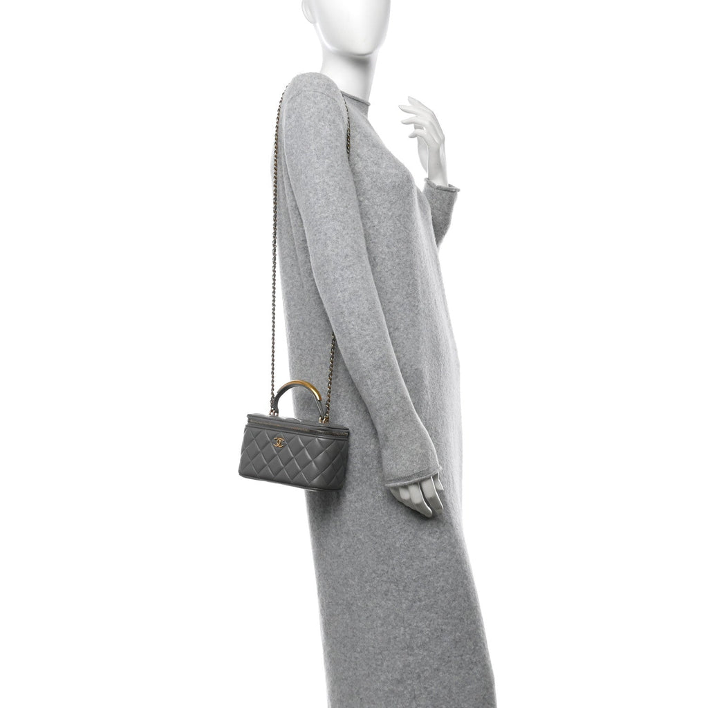 Lambskin Quilted Metal Small Top Handle Vanity Case With Chain Grey