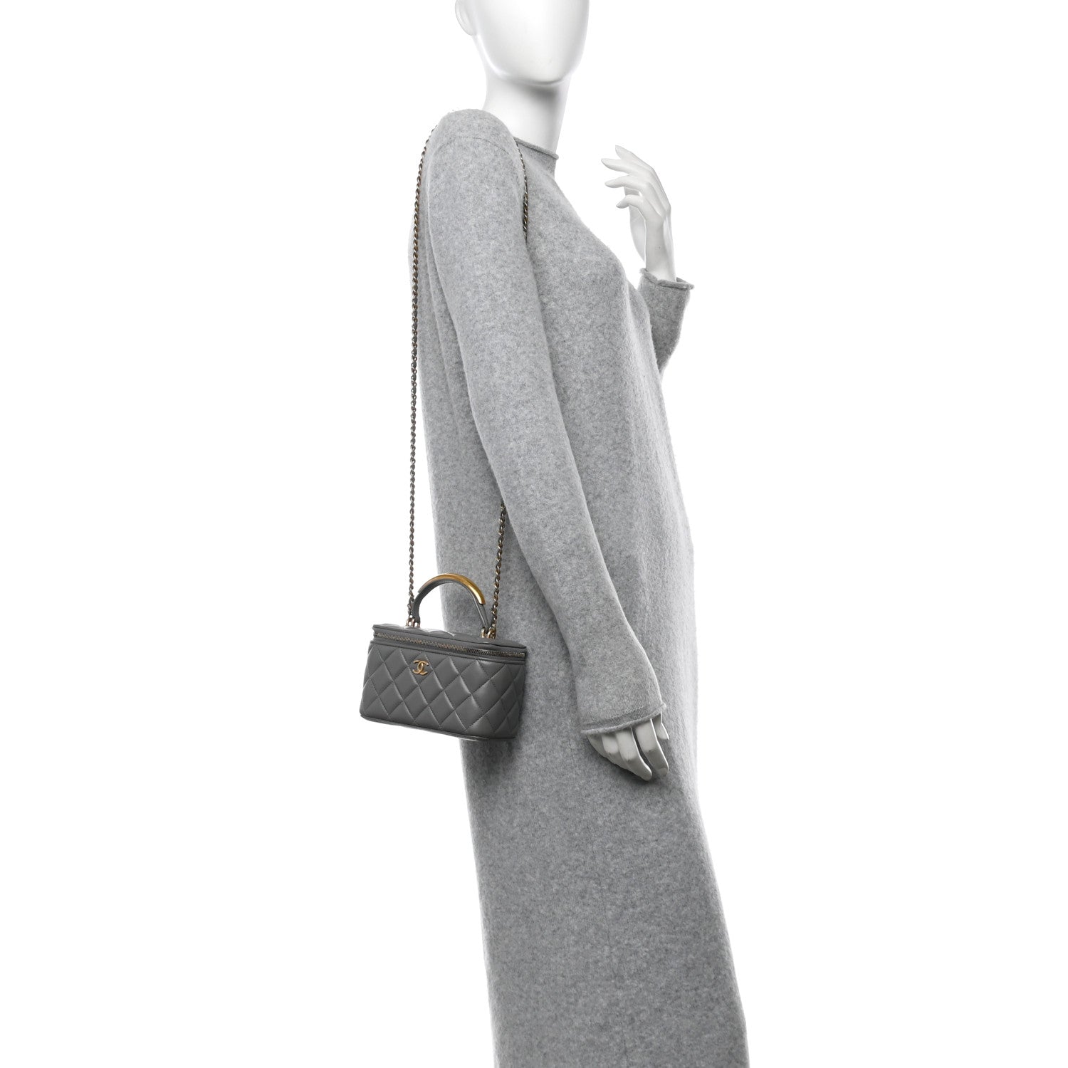 Lambskin Quilted Metal Small Top Handle Vanity Case With Chain Grey