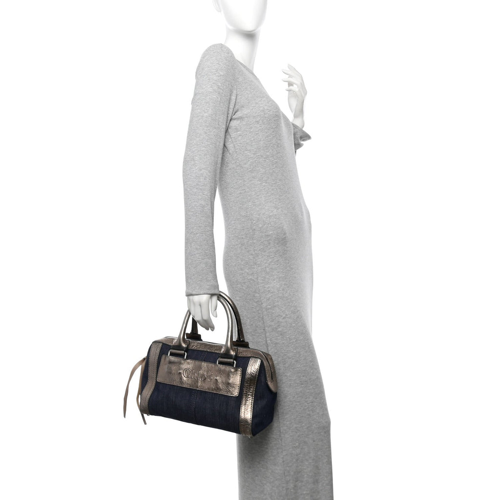 Metallic Calfskin Top Handle Bag Blue Silver