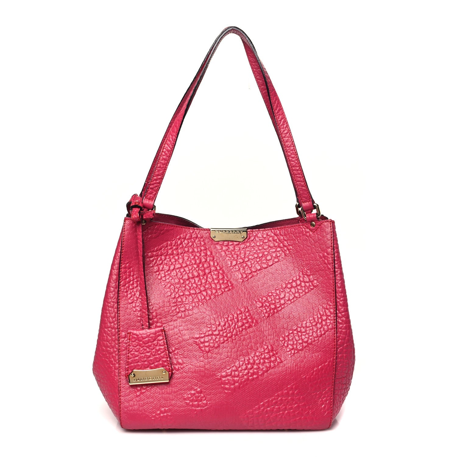 Signature Grain Calfskin Check Embossed Small Canterbury Tote Vibrant Fuchsia