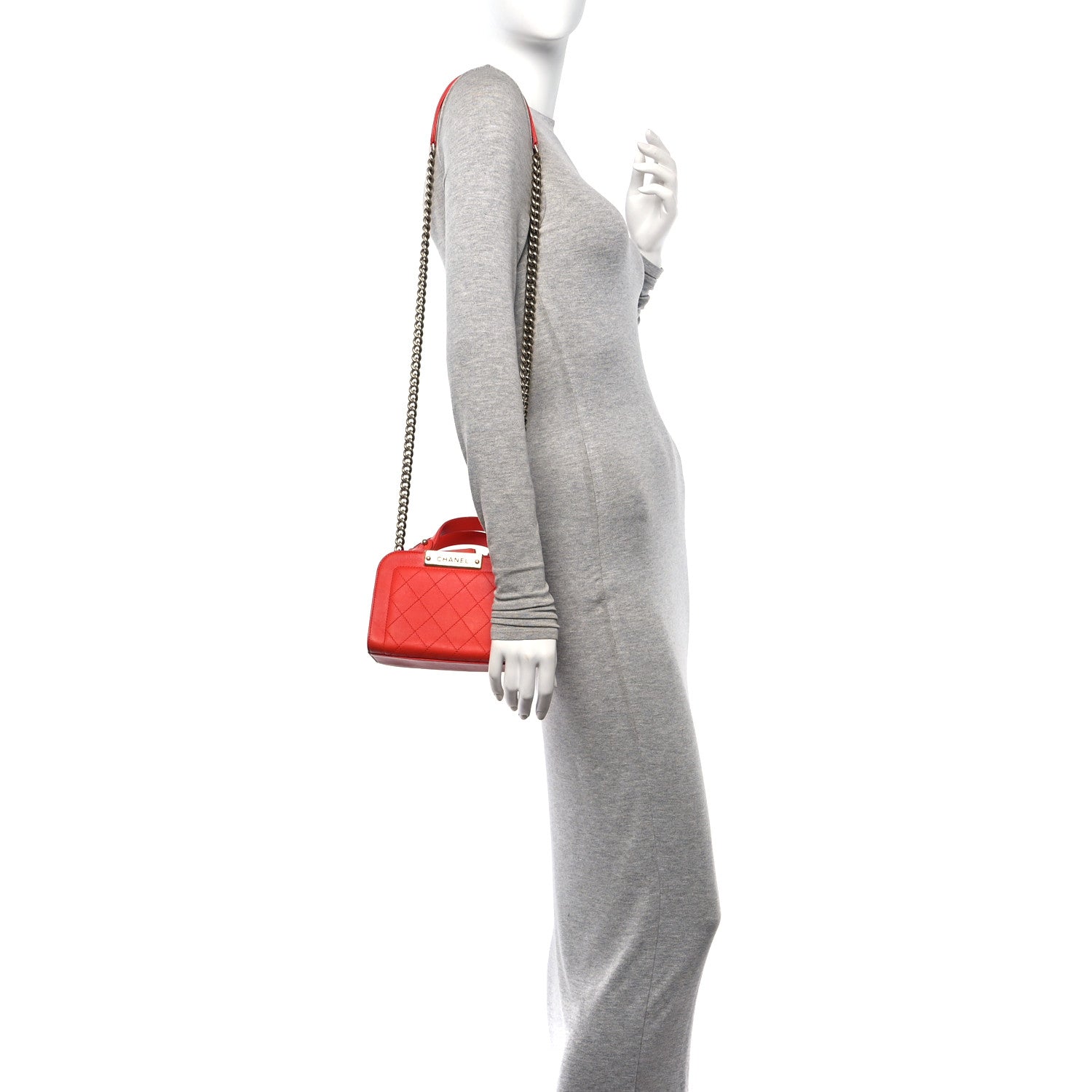 Grained Calfskin Stitched Mini Label  Shopper Tote Red