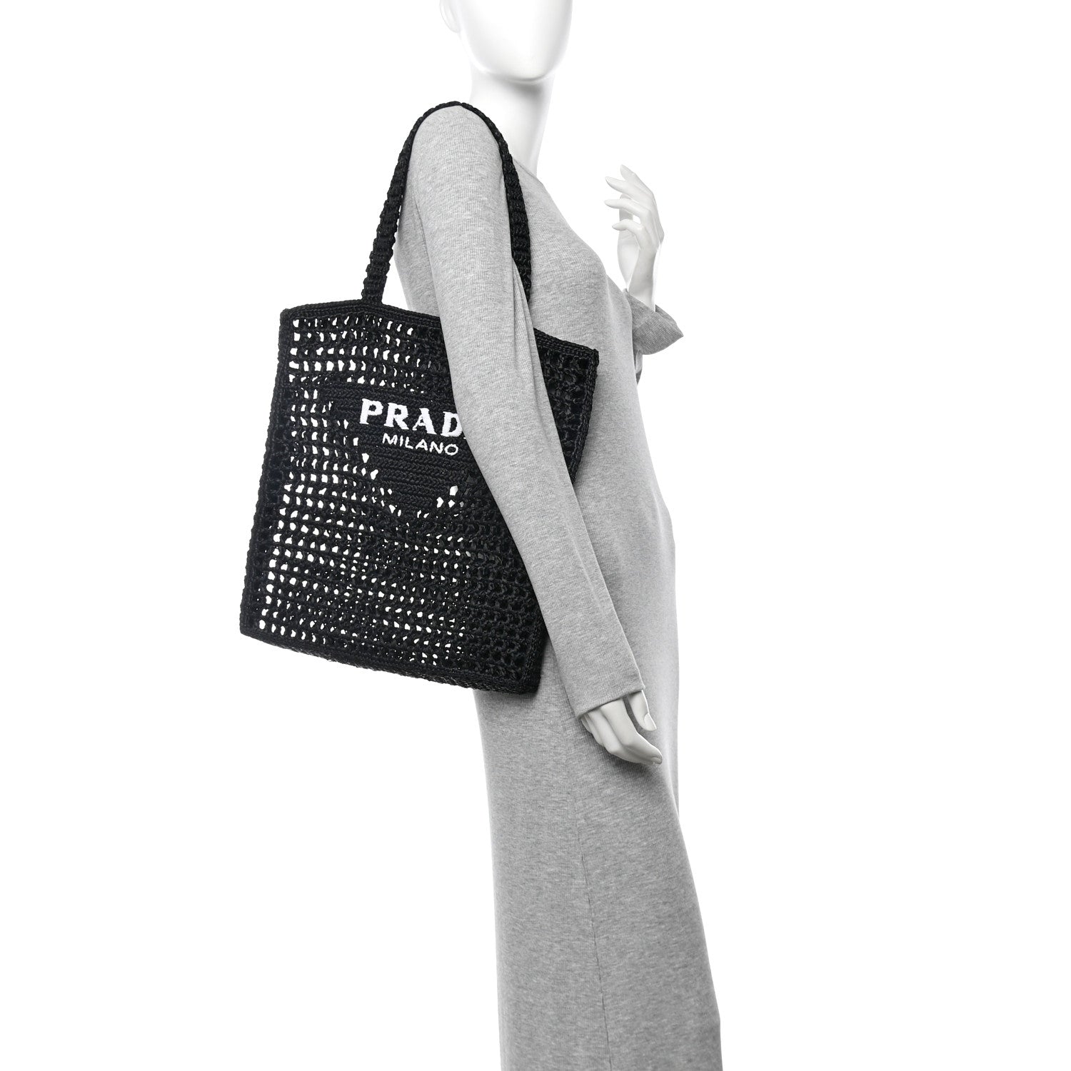 Yarn Raffia Effect Crochet Logo Embroidered Tote Bag Black