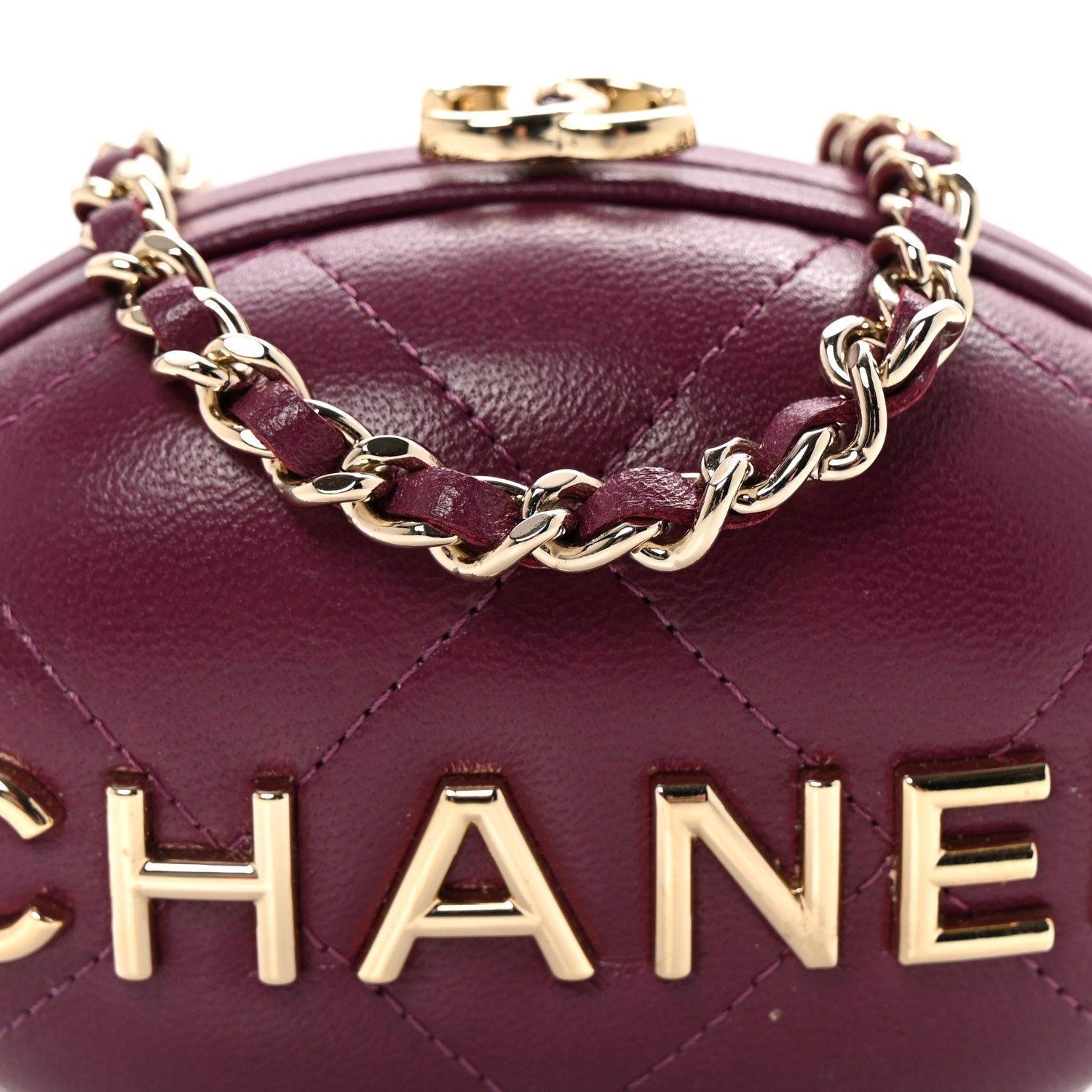 Lambskin Quilted Oval Minaudiere Chain Clutch Purple