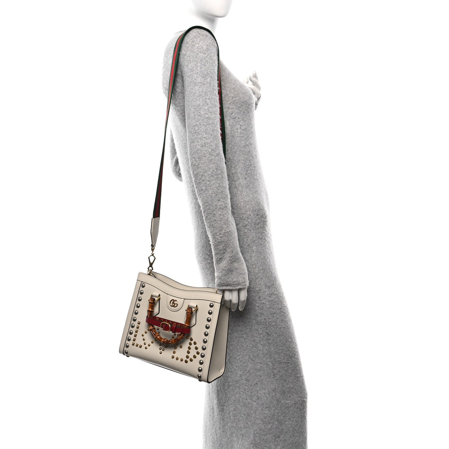 Calfskin Studded Loved Small Diana Tote Bag Mystic White Hibiscus Red