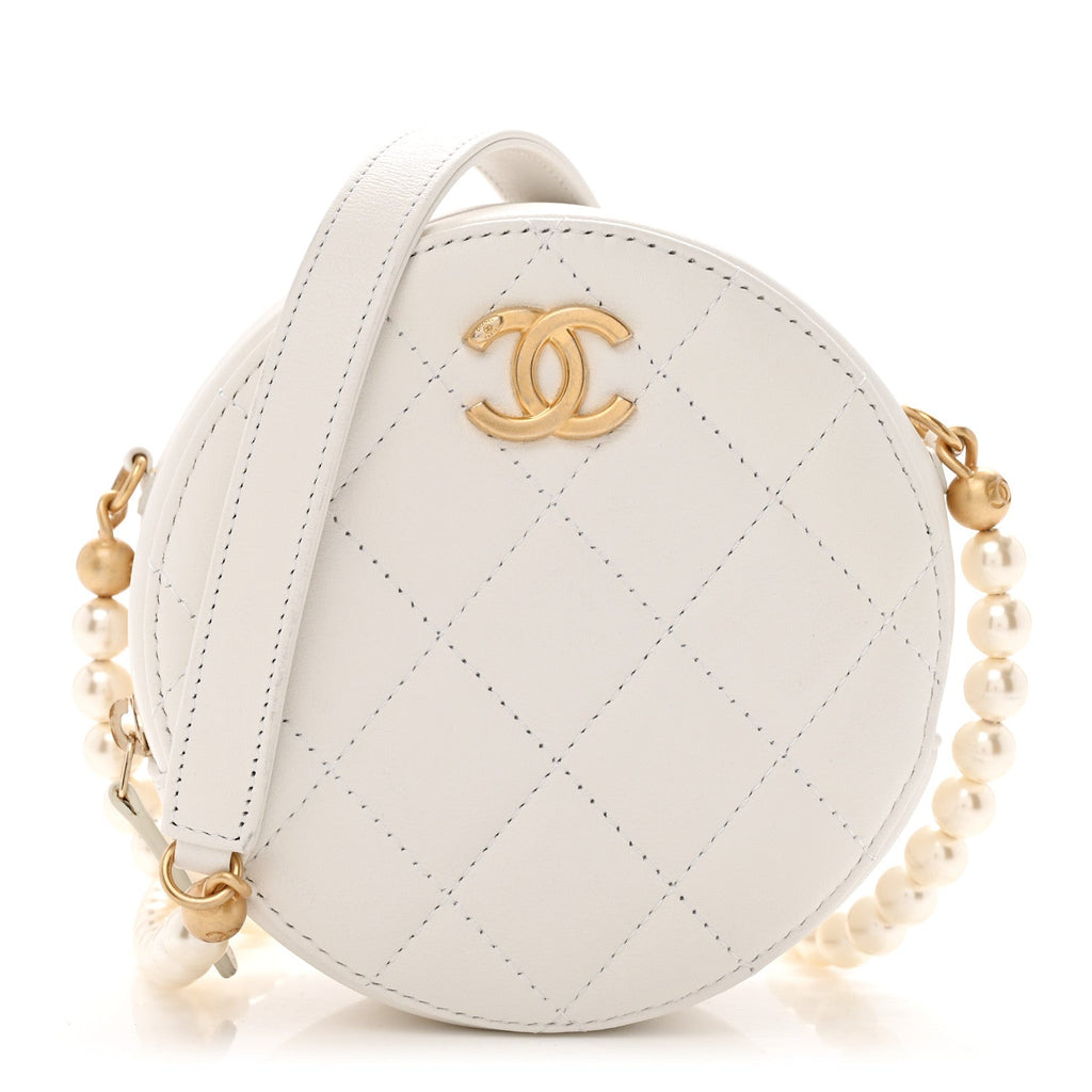 Calfskin Quilted Pearl Round Clutch With Chain White