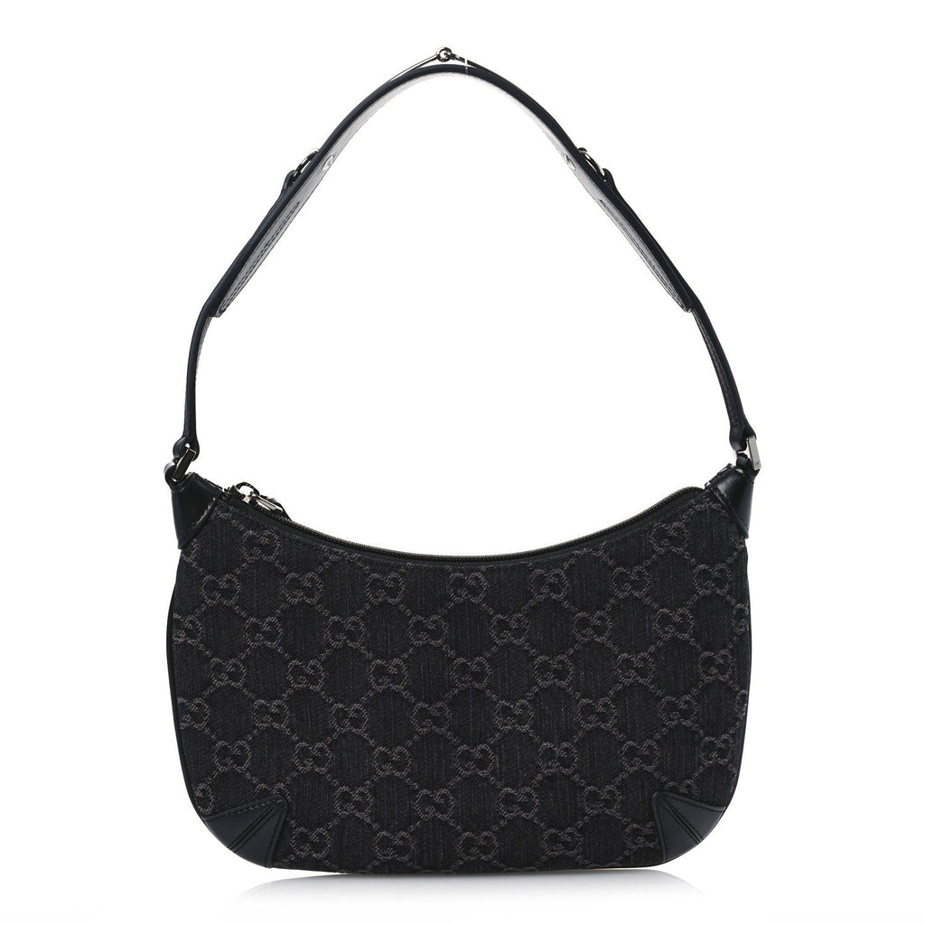 Jacquard Black Denim GG Monogram Horsebit Slim Small Shoulder Bag Black Grey