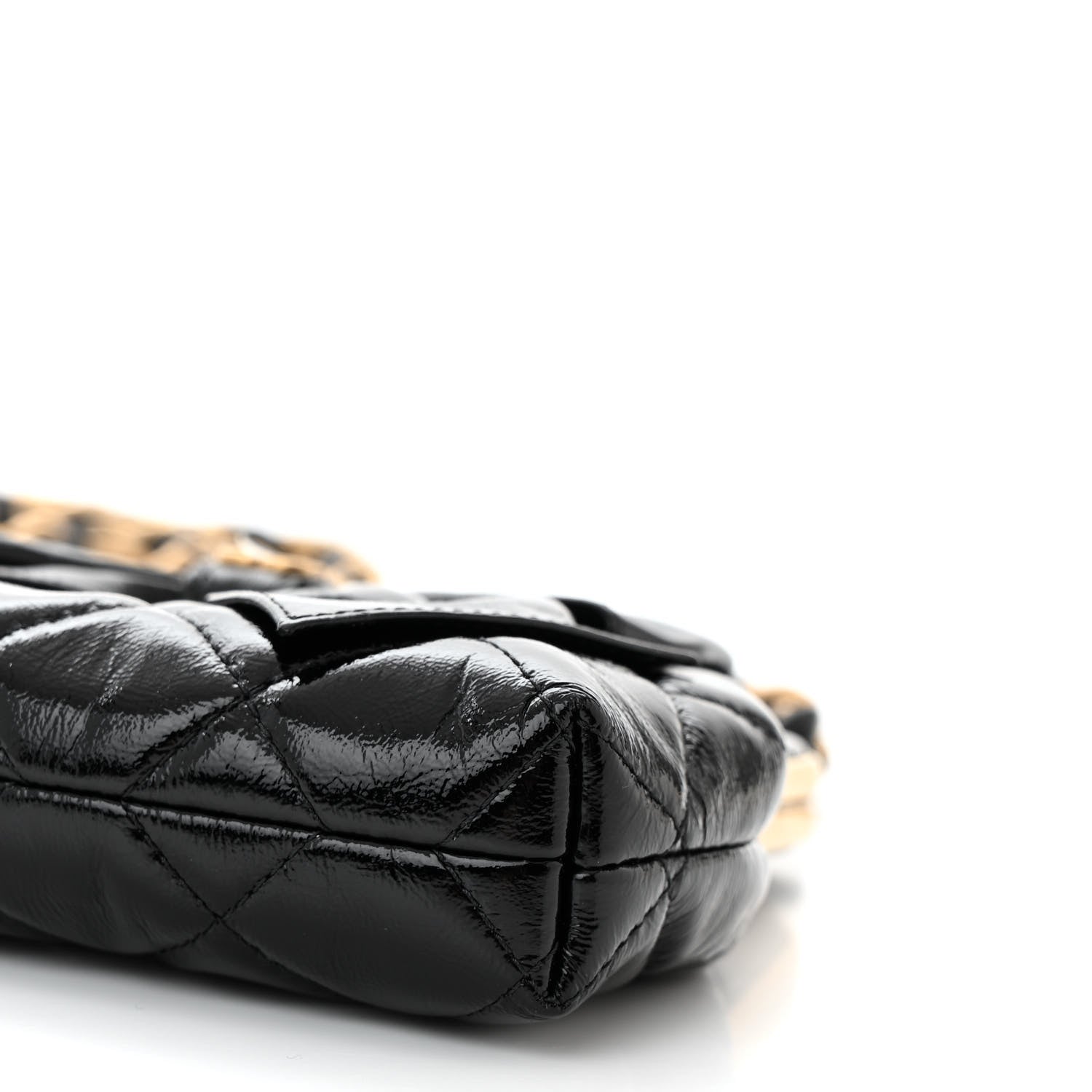 Patent Crumpled Lambskin Quilted Maxi Bow Clutch With Chain Black