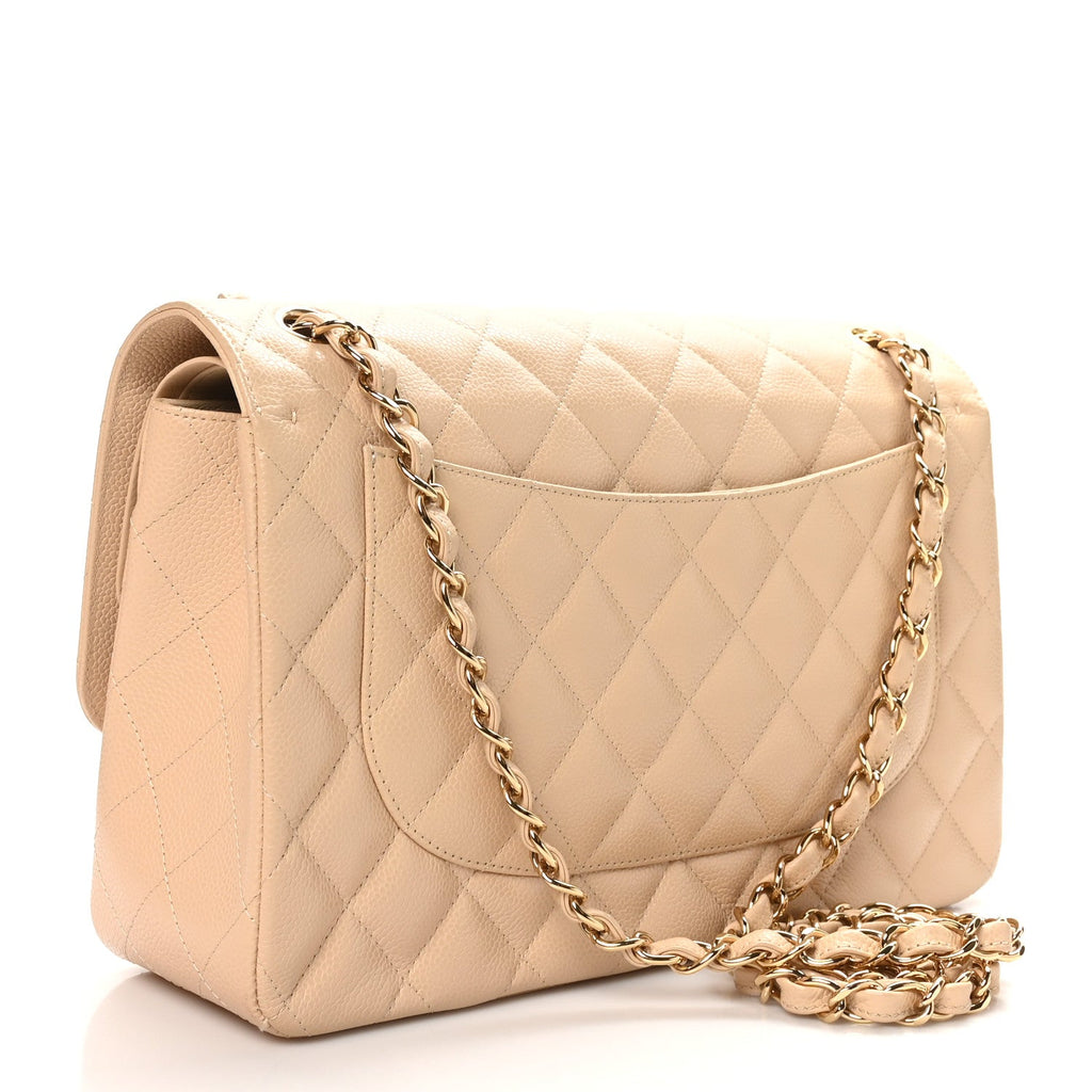 Caviar Quilted Jumbo Double Flap Beige Clair