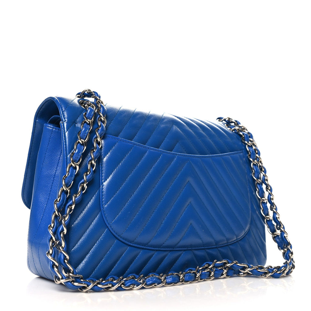 Caviar Chevron Quilted Jumbo Double Flap Blue