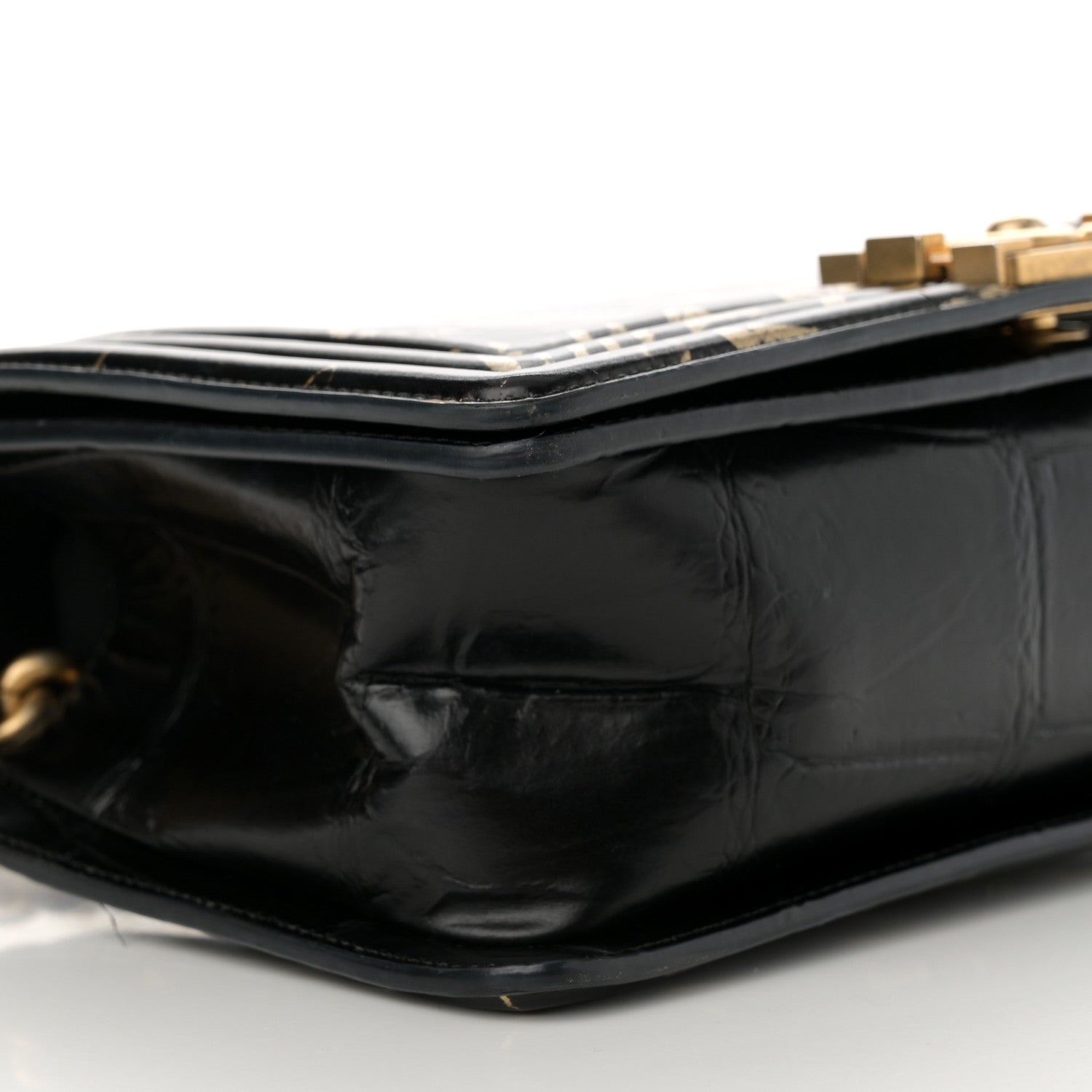 Calfskin Crocodile Embossed Graffiti Cocodile Medium Boy Flap Black Gold