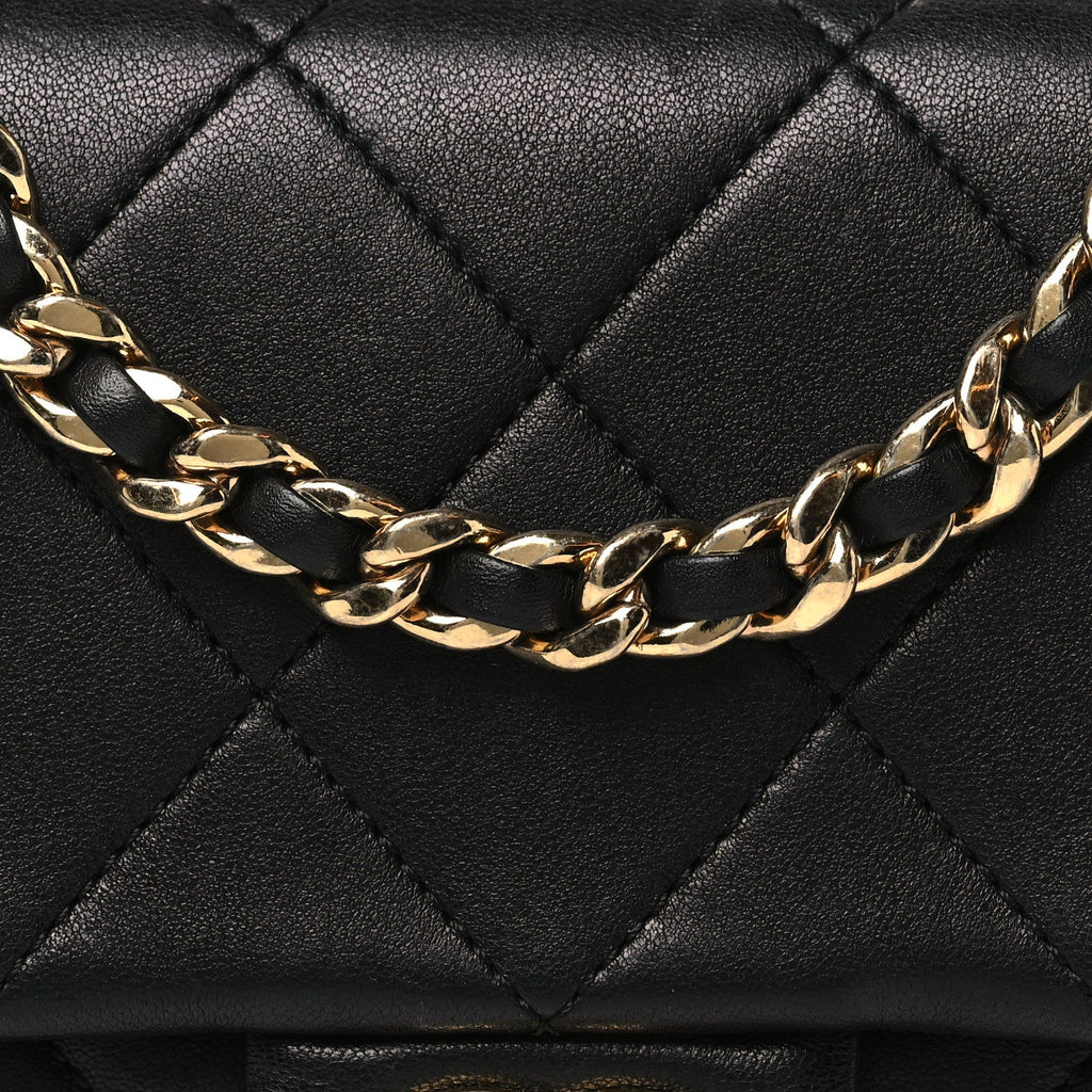 Lambskin Metal Quilted Mini Top Handle Square Flap Black