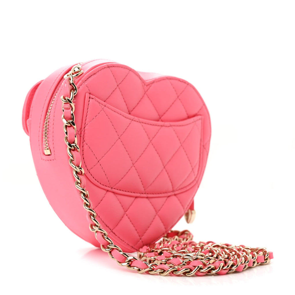 Lambskin Quilted CC In Love Heart Clutch With Chain Pink