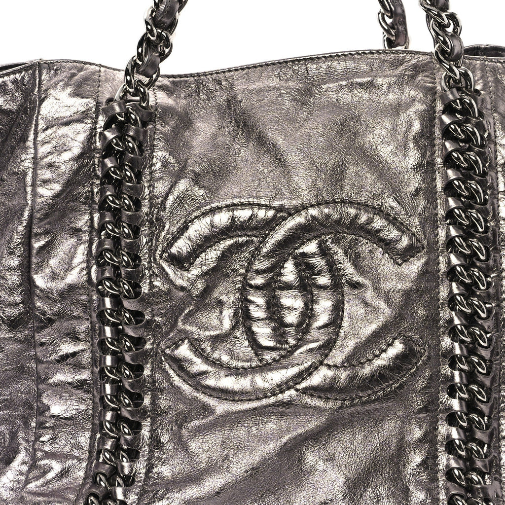 Metallic Cracked Calfskin Modern Chain Tote Dark Silver