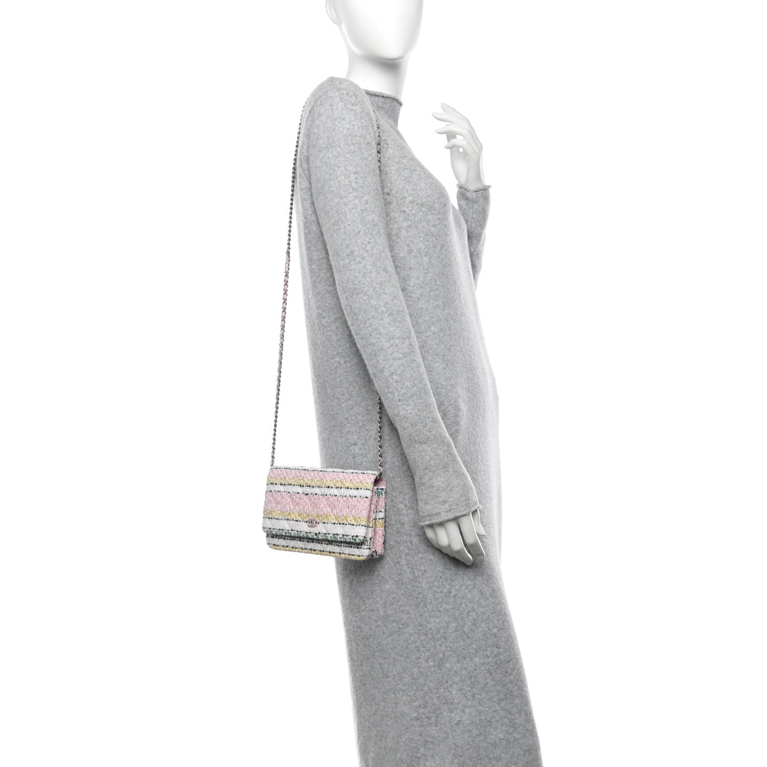 Metallic Tweed Quilted Wallet On Chain WOC White Multicolor