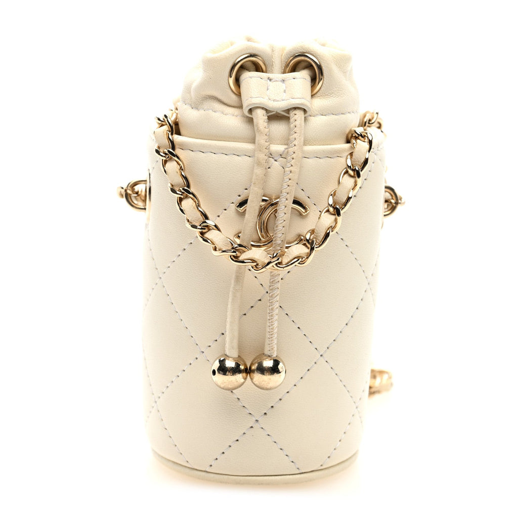 Lambskin Quilted Mini Bucket Bag With Chain White