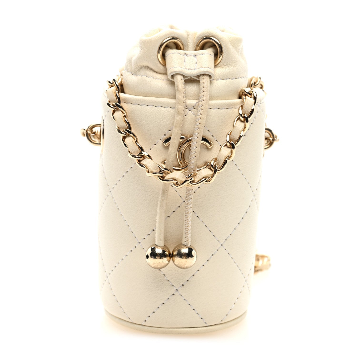 Lambskin Quilted Mini Bucket Bag With Chain White