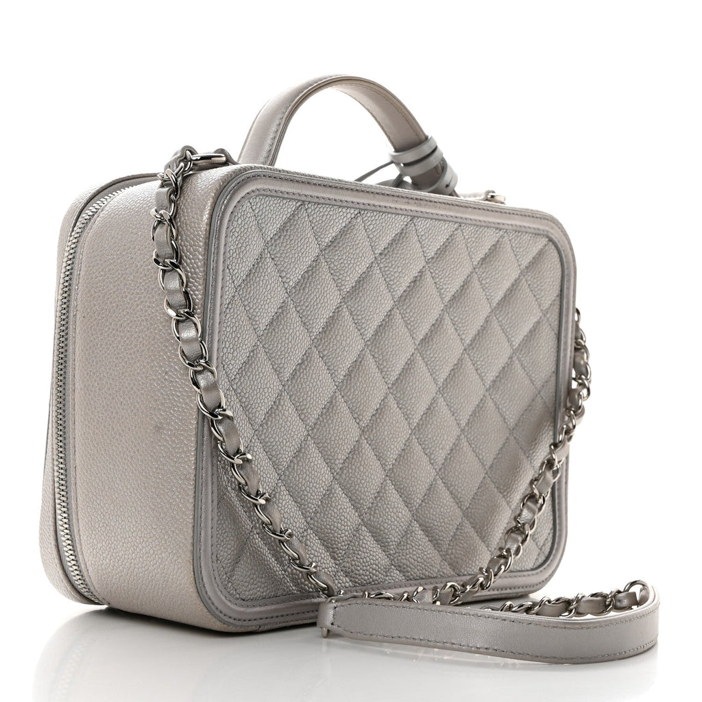 Metallic Caviar Quilted Large CC Filigree Vanity Case Silver