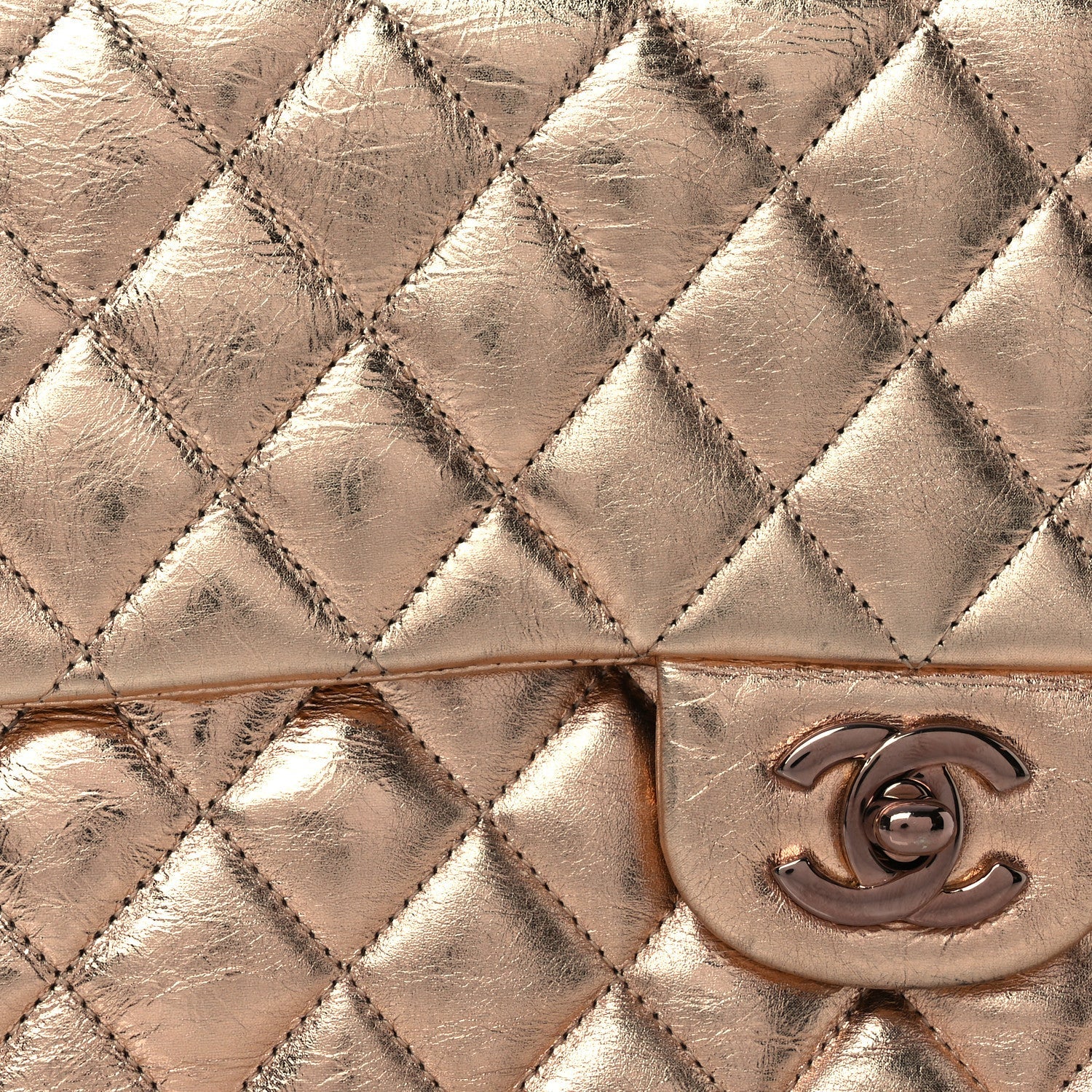Metallic Aged Calfskin Quilted Medium Double Flap Gold