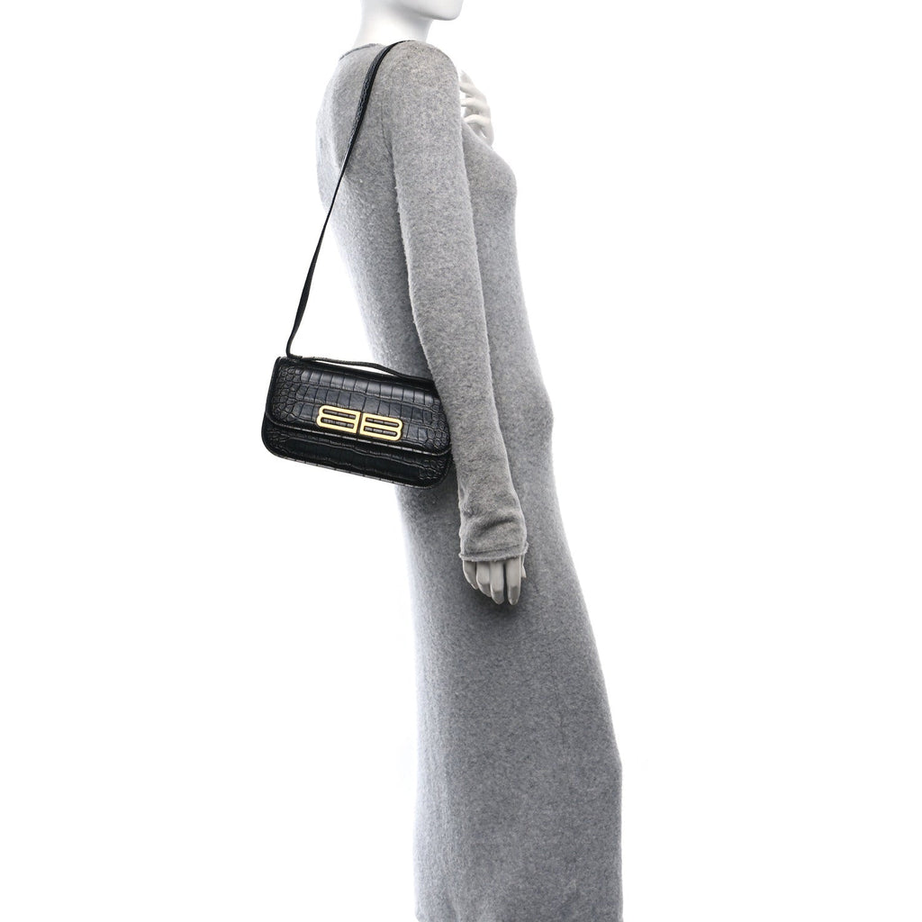 Extra Supple Calfskin Crocodile Embossed Small Gossip Bag Black
