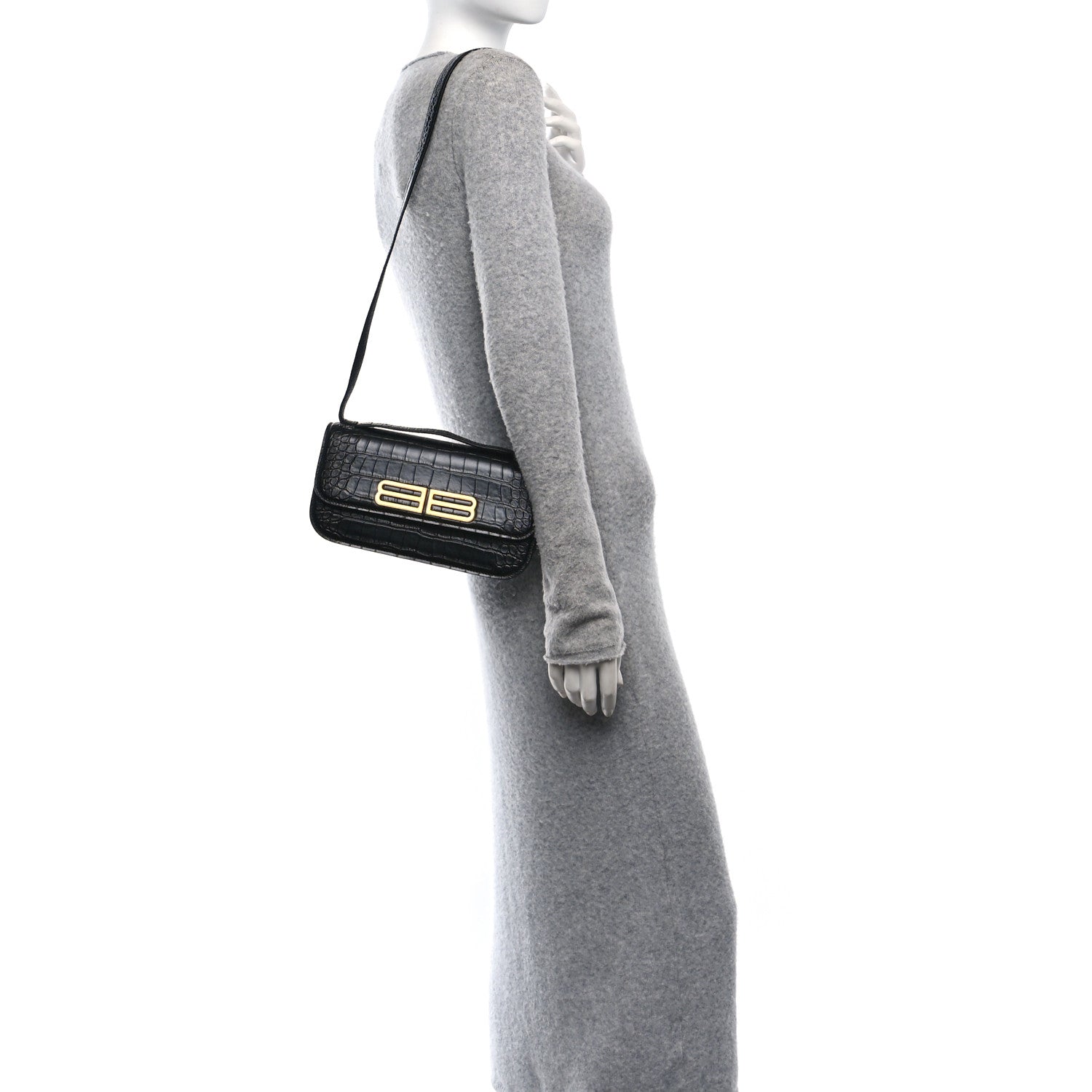Extra Supple Calfskin Crocodile Embossed Small Gossip Bag Black