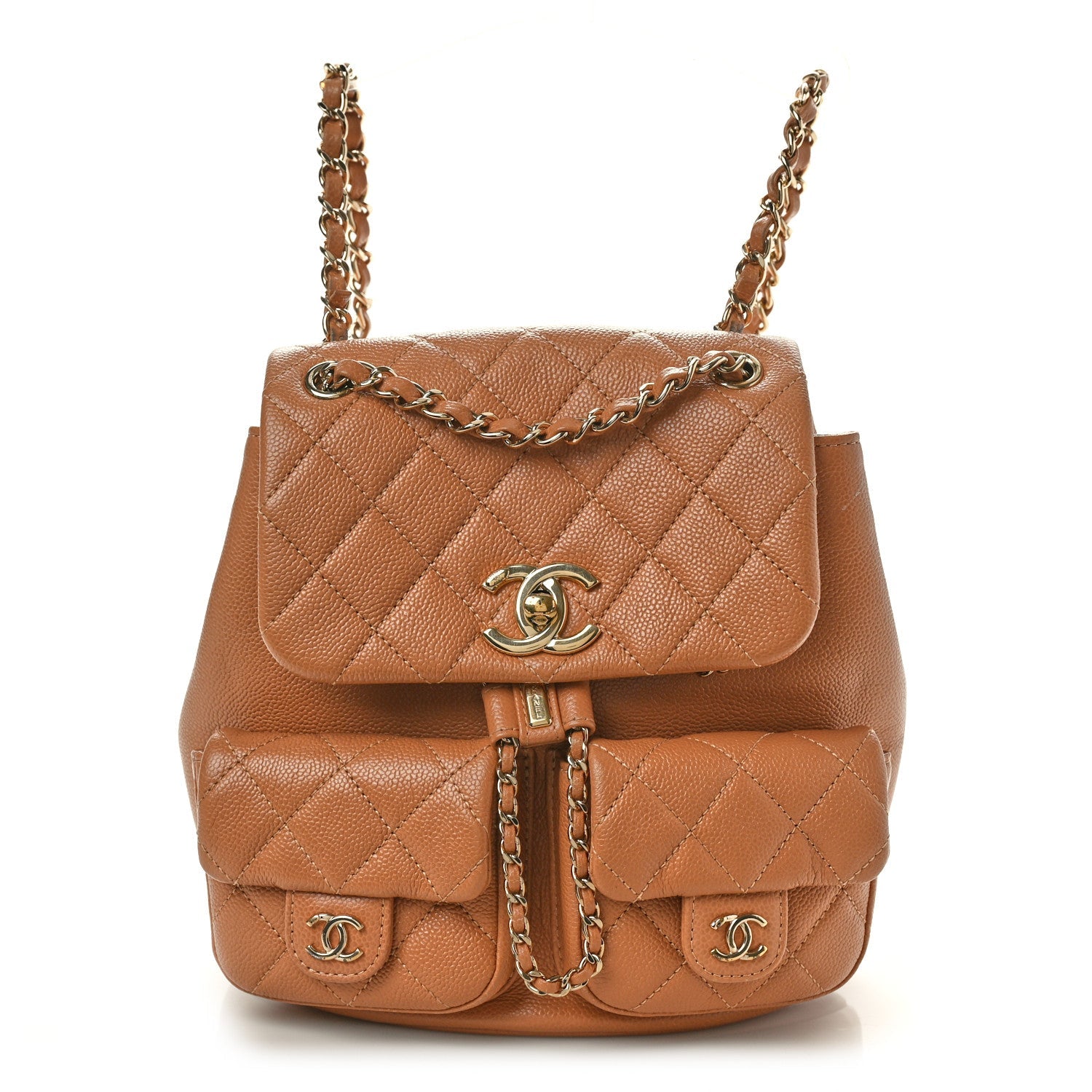 Shiny Caviar Quilted Medium Duma Pockets Drawstring Backpack Dark Beige