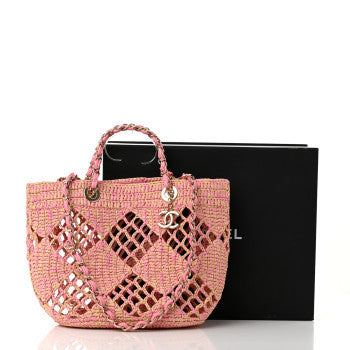 Raffia Effect Braided Small Shopping Bag Beige Pink