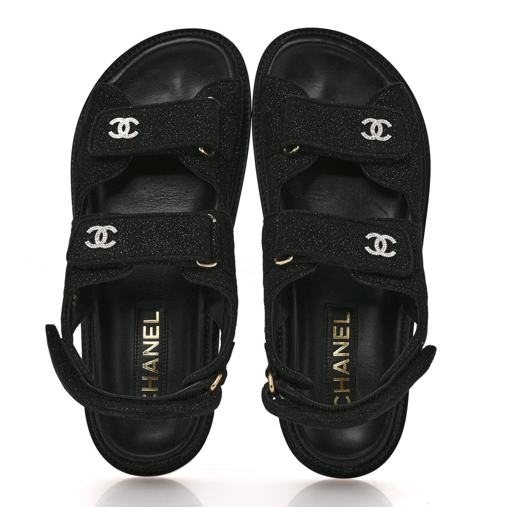 Suede Kidskin Glitter Crystal Velcro Dad Sandals 38 Black Silver