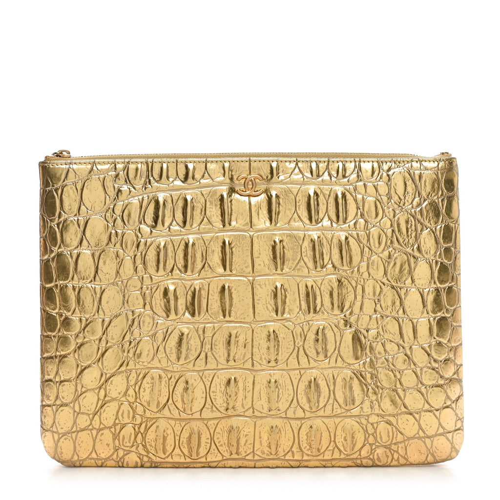 Metallic Crocodile Calfskin Embossed Medium Cocodile Cosmetic Case Gold