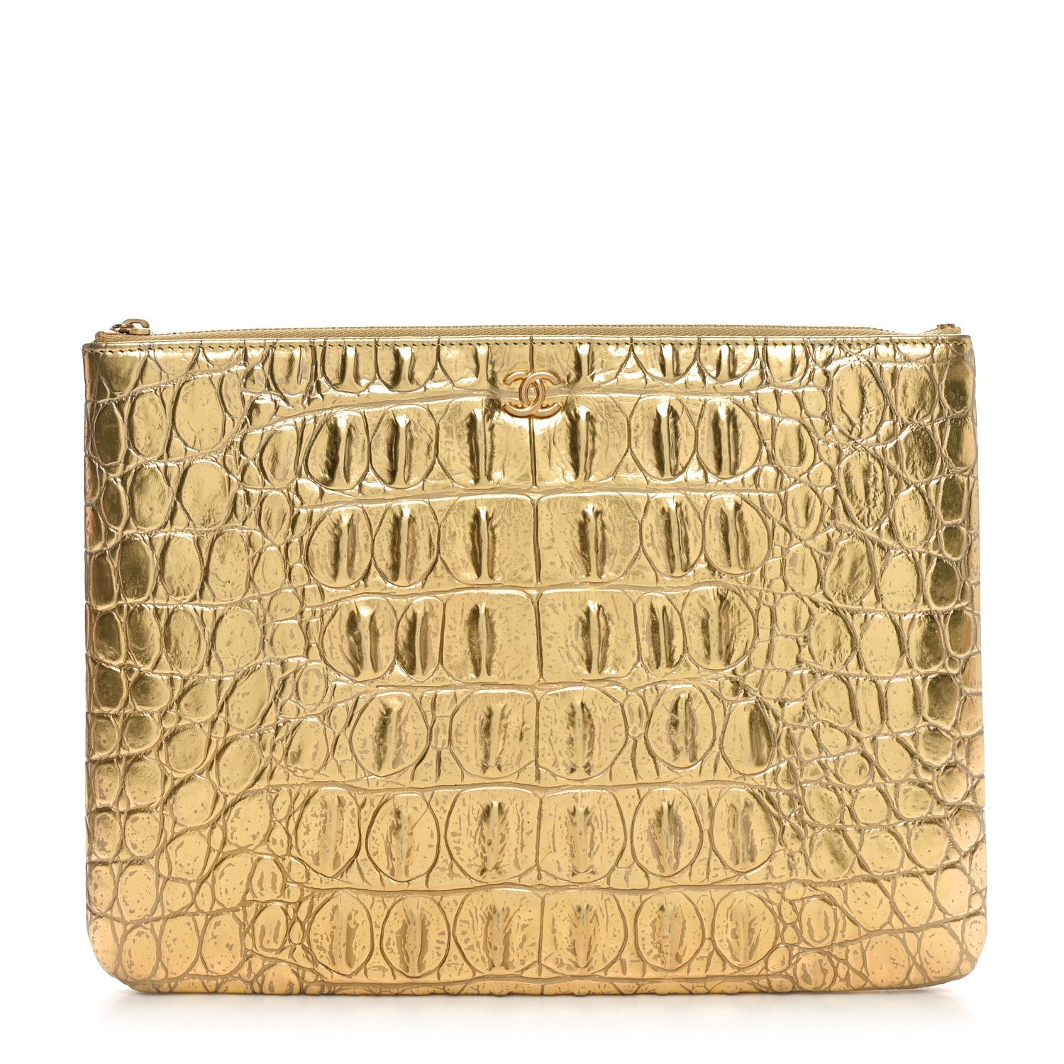Metallic Crocodile Calfskin Embossed Medium Cocodile Cosmetic Case Gold