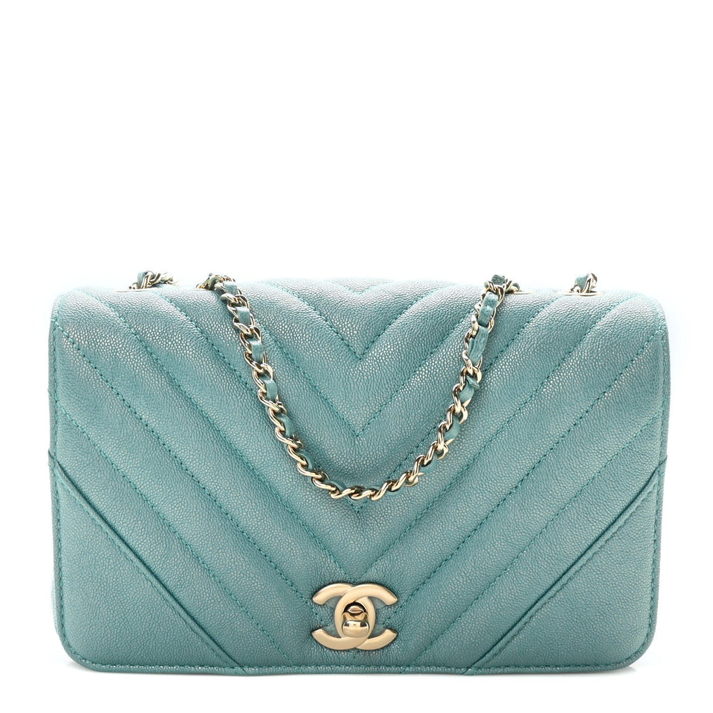 Metallic Caviar Chevron Quilted Small Statement Flap Turqouise
