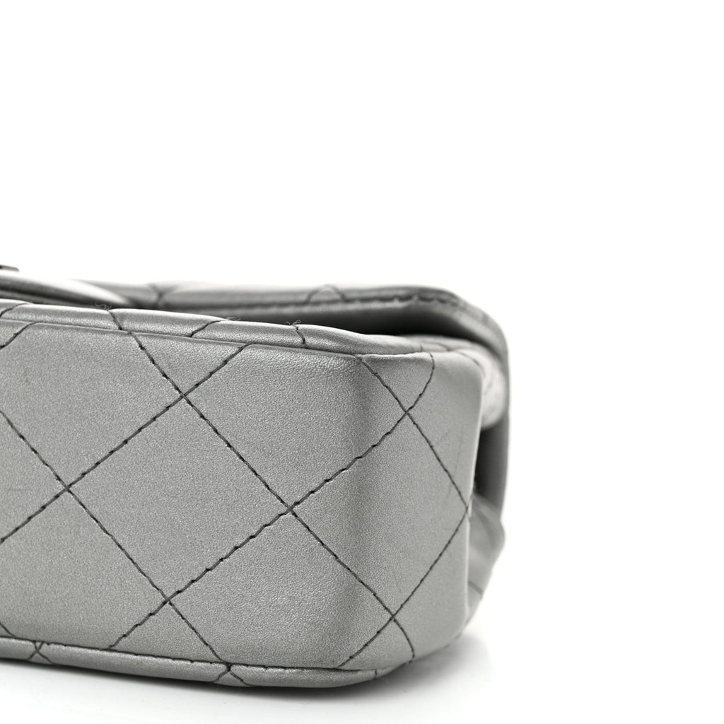 Metallic Lambskin Quilted Extra Mini Rectangular Flap Dark Silver