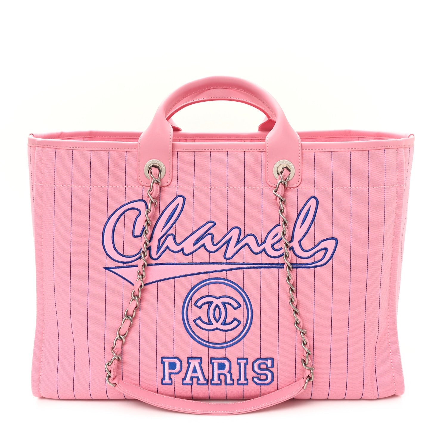 Canvas Calfskin Striped Large Deauville Tote Pink Blue