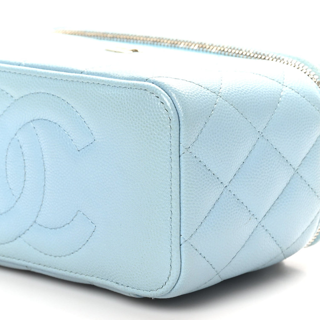 Caviar Quilted Small Tiny CC Vanity Case With Chain Light Blue