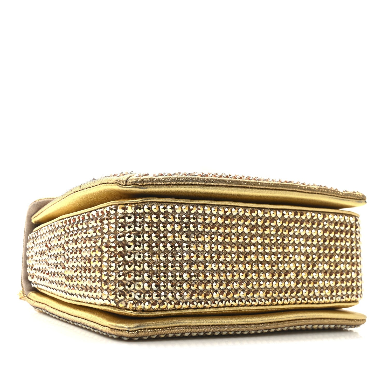 Crystal Embellished Metallic Calfskin Small One Stud Clutch With Chain Sunshine Gold