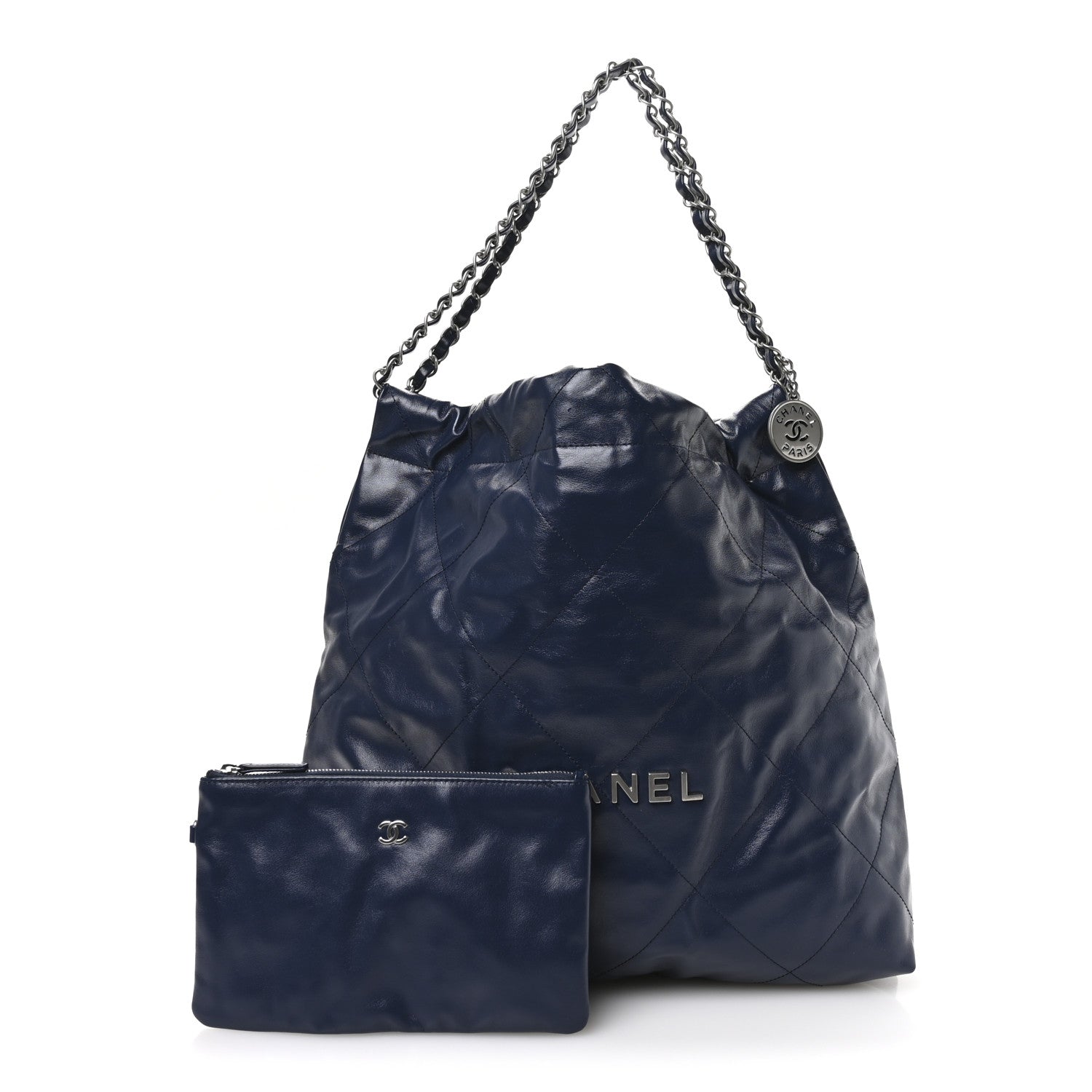 Shiny Calfskin Quilted Chanel 22 Navy Blue