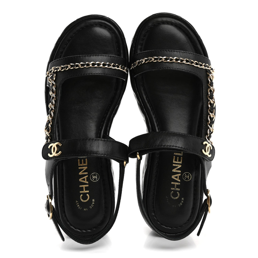 Lambskin Quilted Chain CC Platform Sandals 37.5 Black