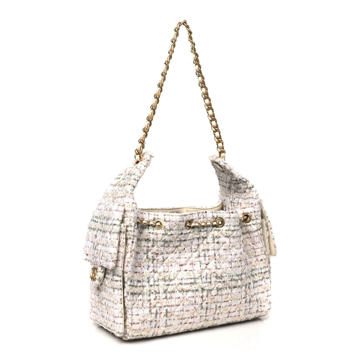 Tweed Quilted Small Chanel 25 Handbag Ecru Khaki Gold Red