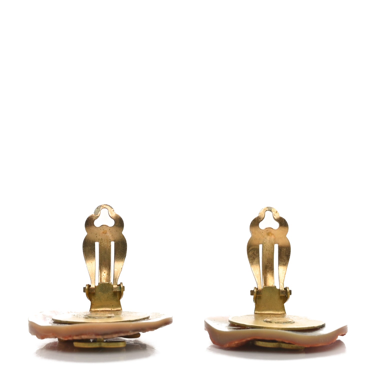 Metal CC Sea Shell Clip On Earrings Brown Gold