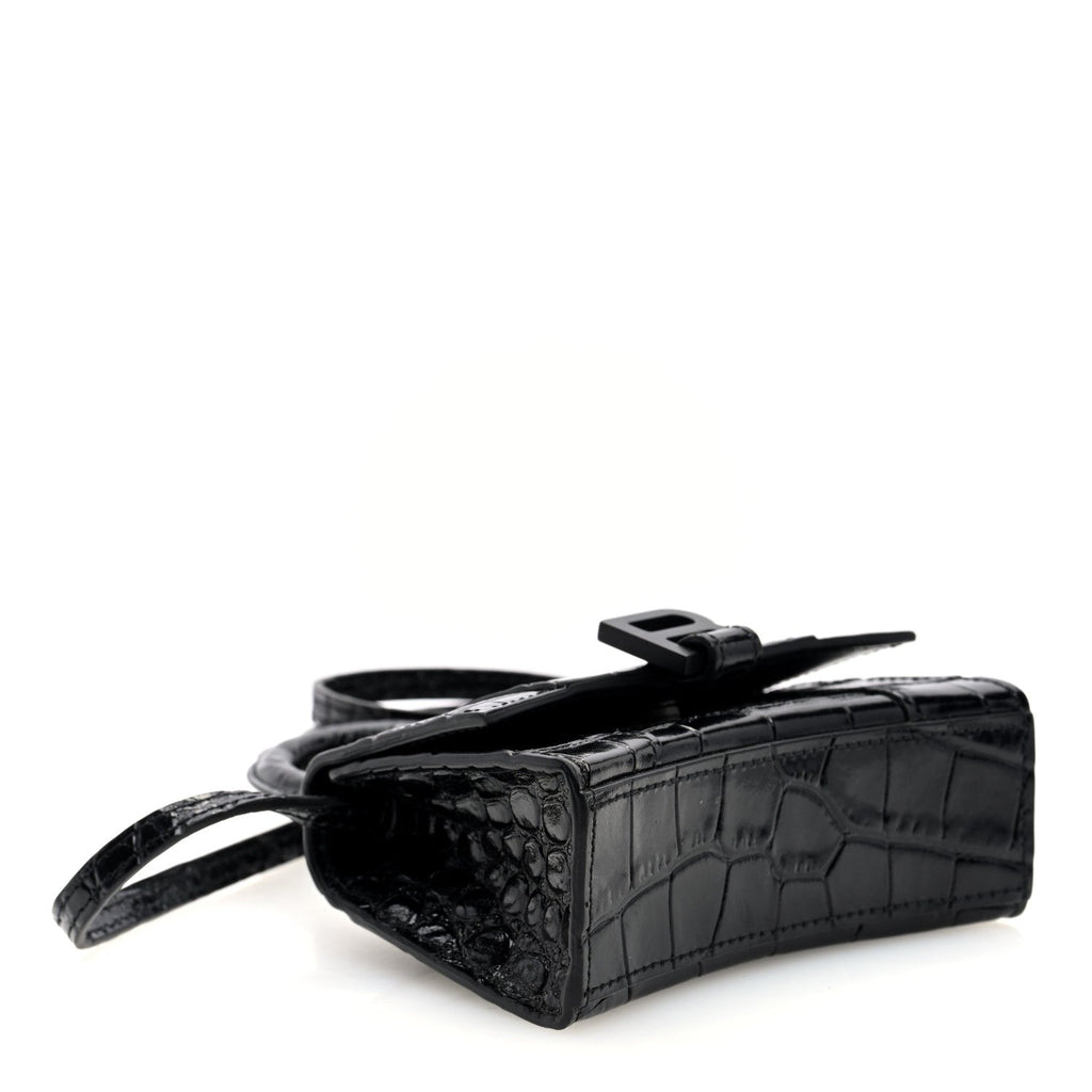 Shiny Calfskin Crocodile Embossed Hourglass Top Handle Bag XS Black