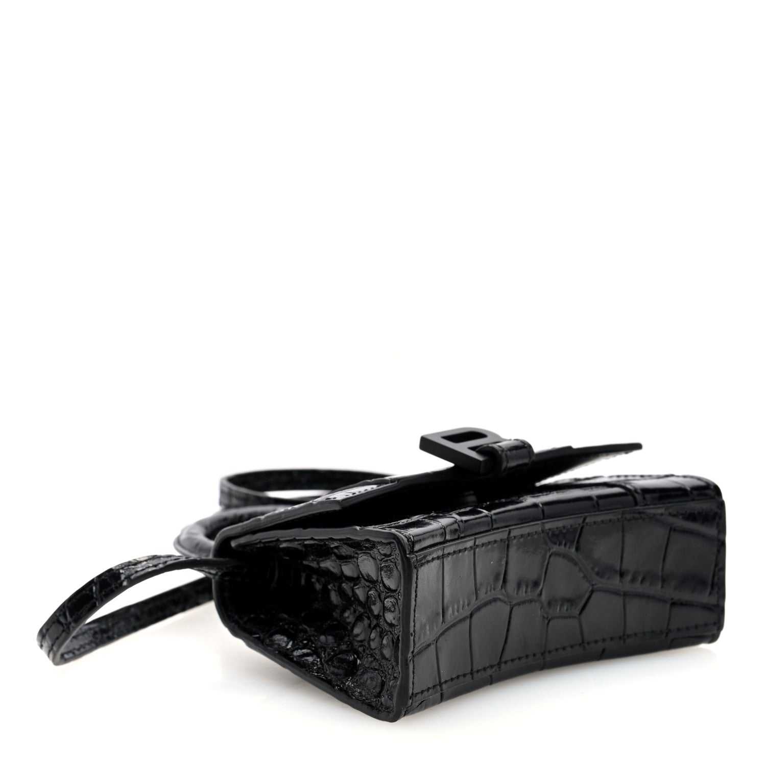 Shiny Calfskin Crocodile Embossed Hourglass Top Handle Bag XS Black
