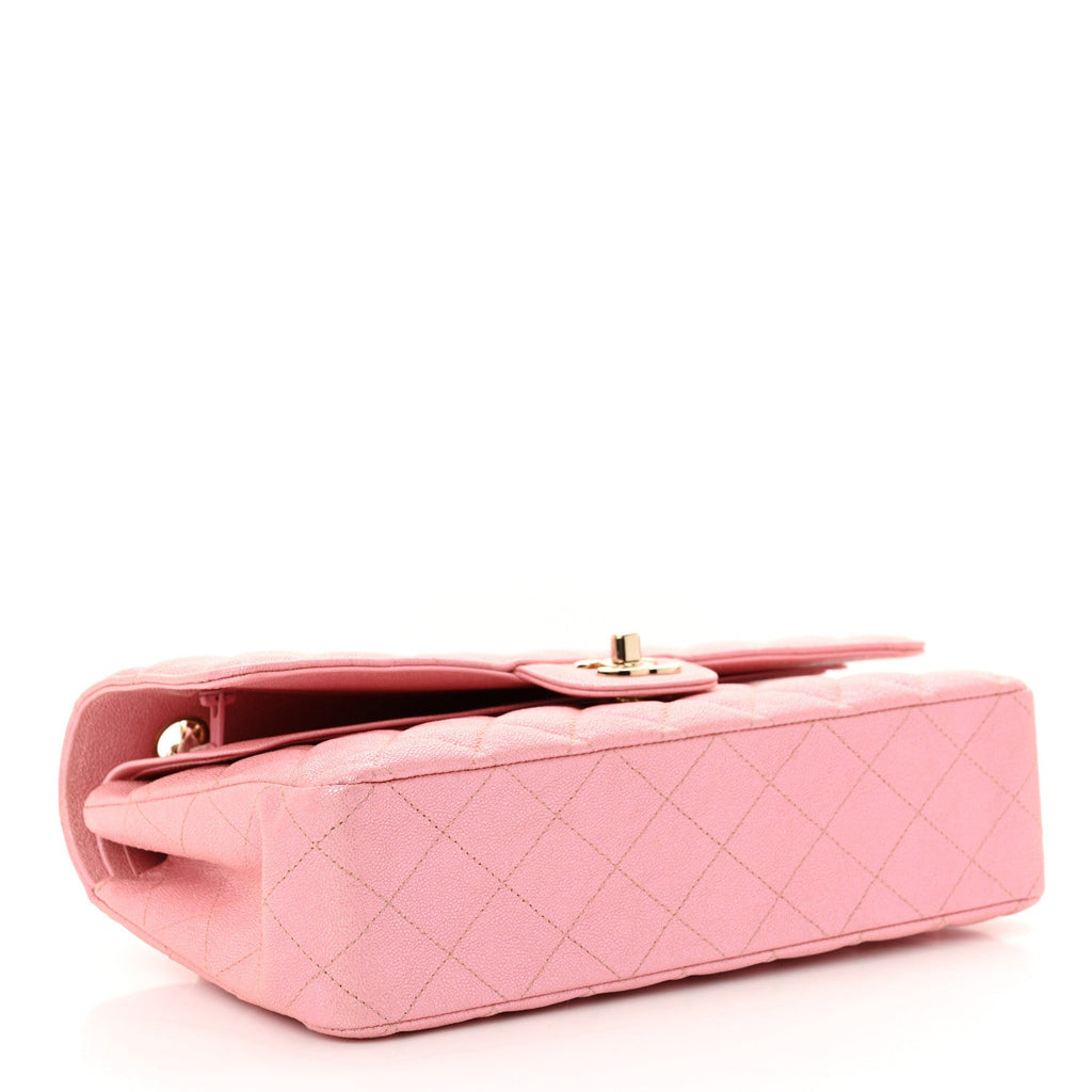 Iridescent Caviar Quilted Medium Double Flap Rose Pink