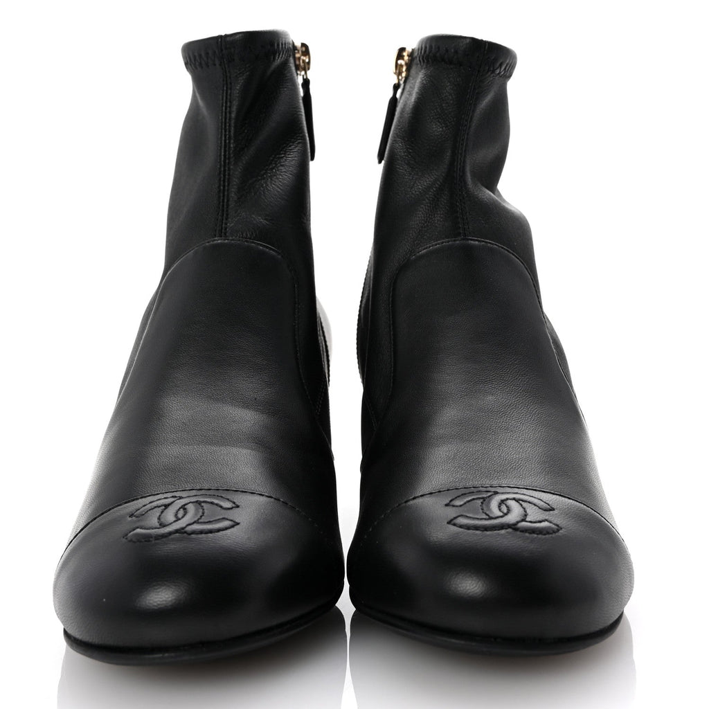 Stretch Lambskin Cap Toe CC Short Boots 37.5 Black