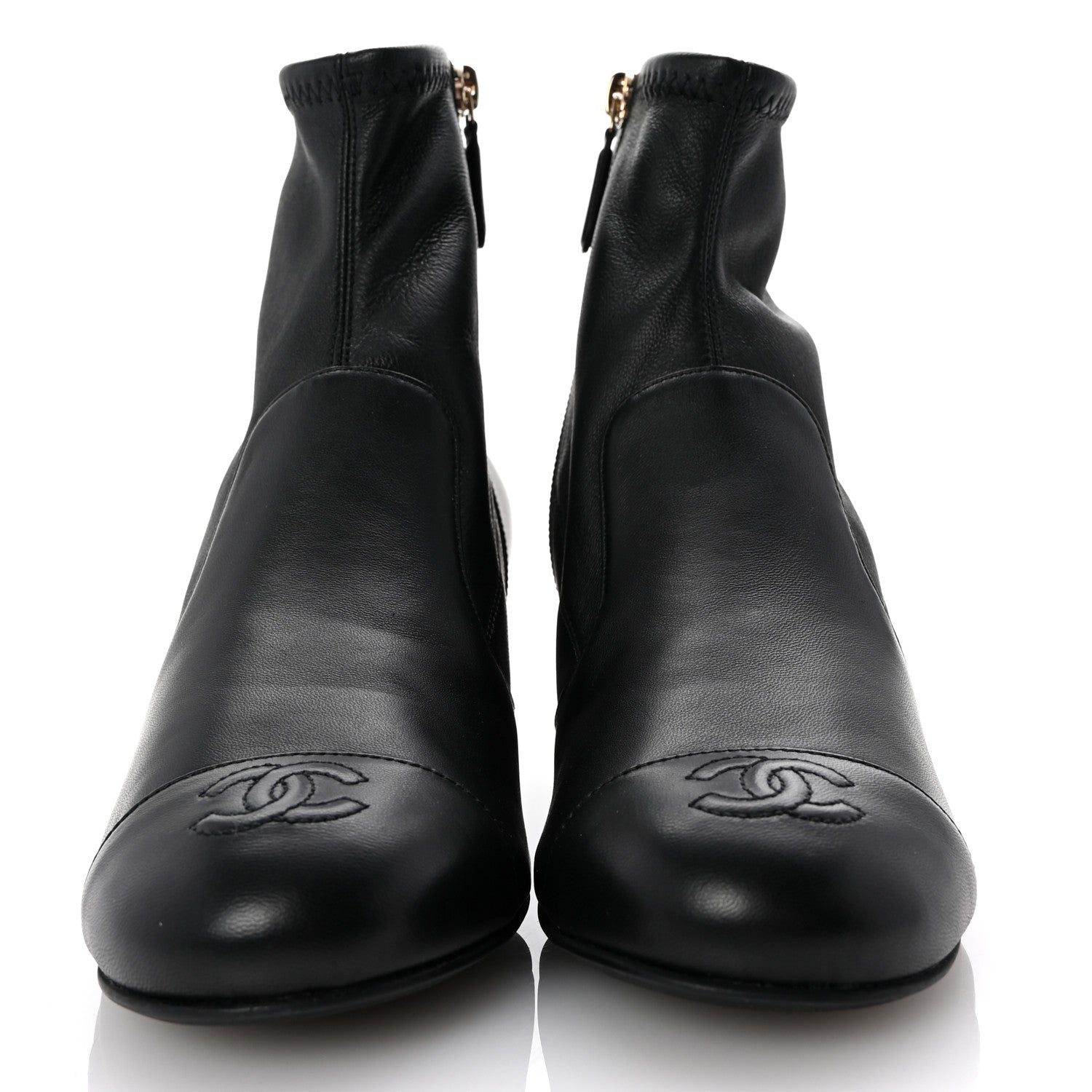 Stretch Lambskin Cap Toe CC Short Boots 37.5 Black