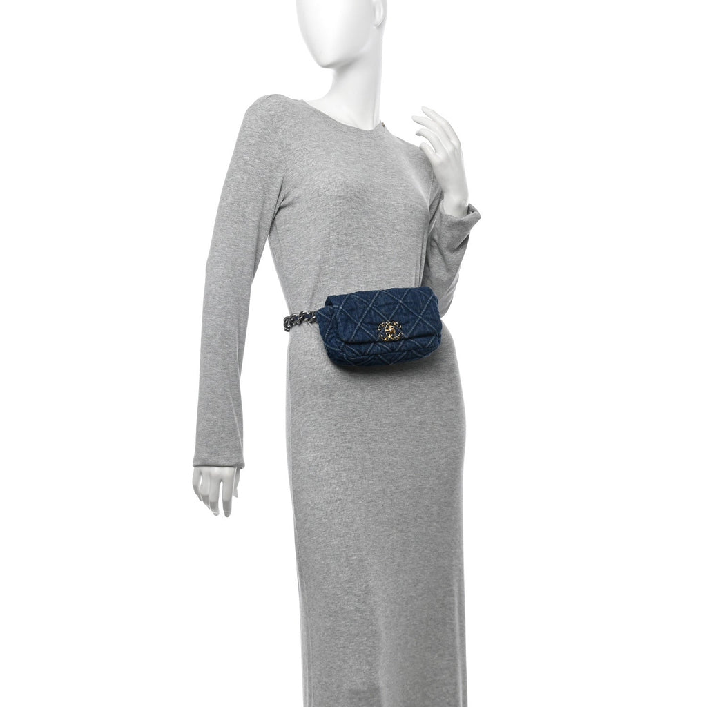 Denim Quilted Chanel 19 Waist Bag Blue