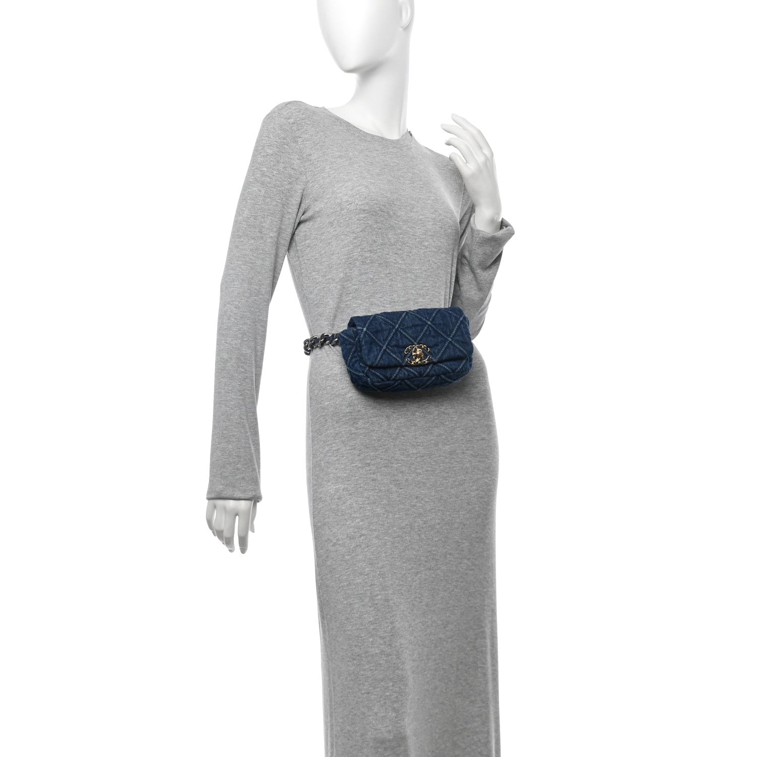 Denim Quilted Chanel 19 Waist Bag Blue