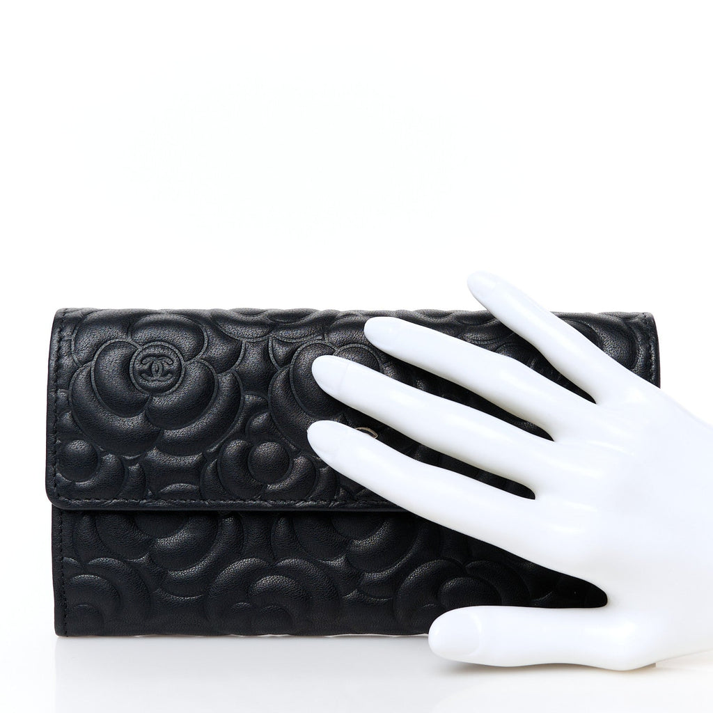 Lambskin Embossed Camellia Large Gusset Flap Wallet Black