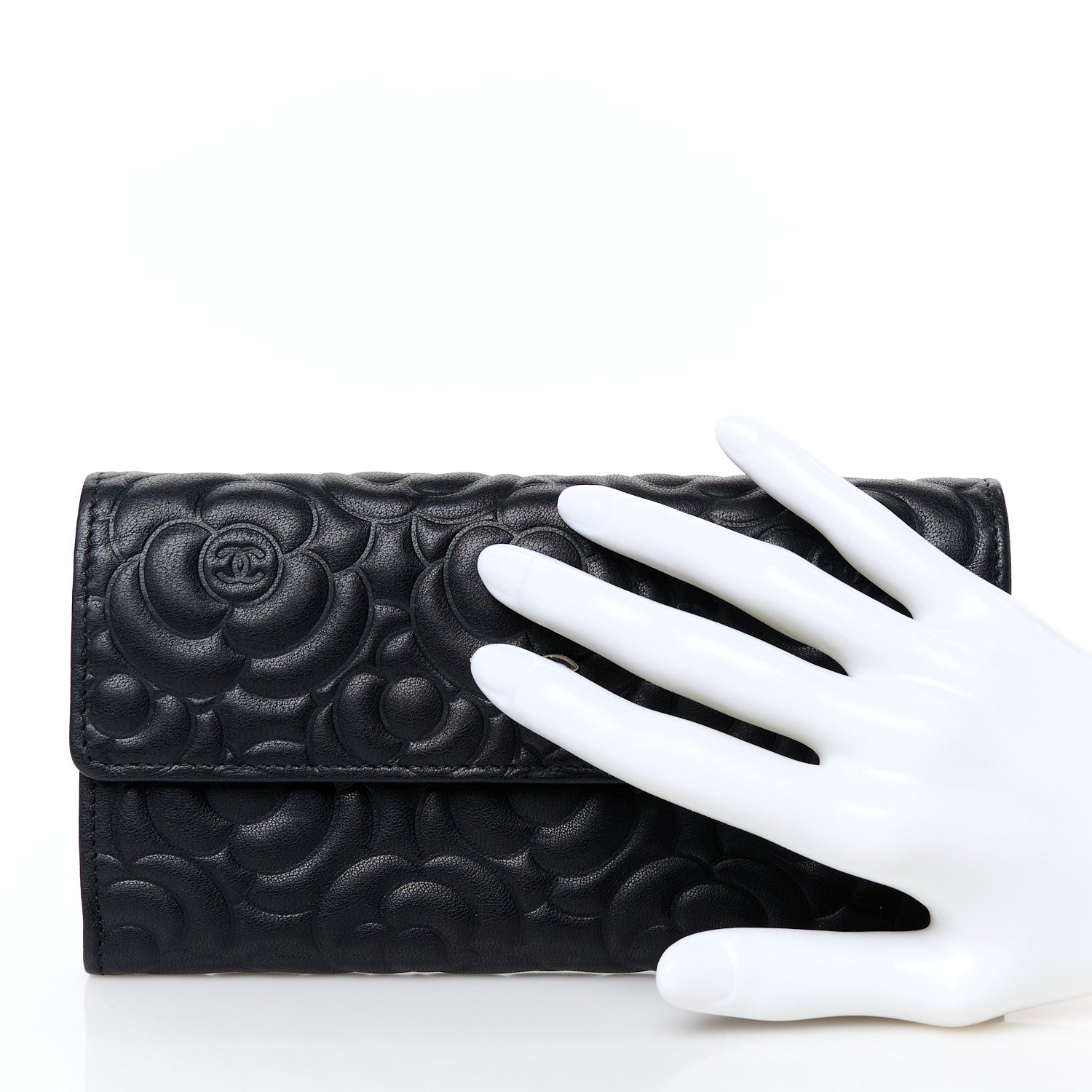 Lambskin Embossed Camellia Large Gusset Flap Wallet Black