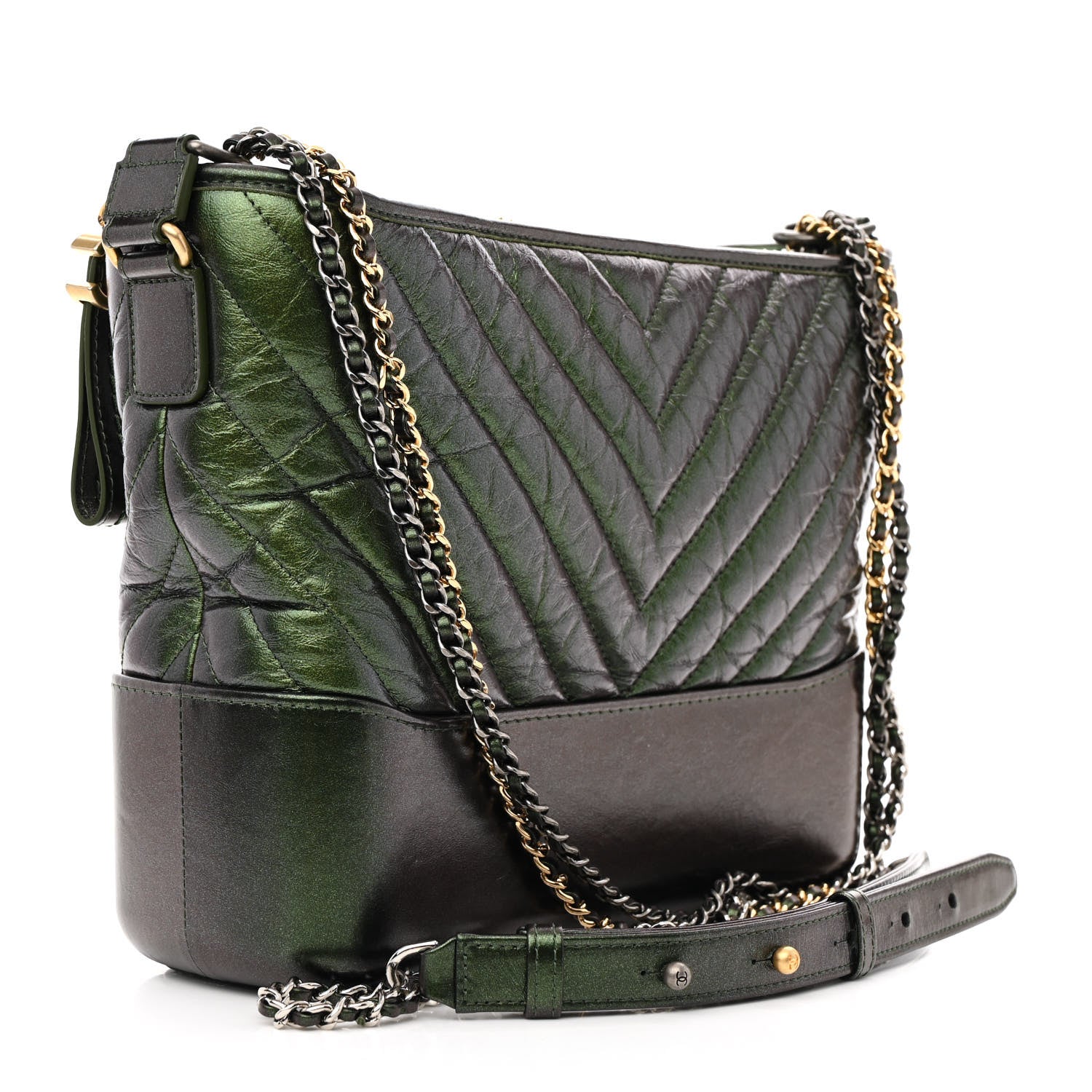 Metallic Aged Calfskin Chevron Quilted Medium Gabrielle Hobo Green